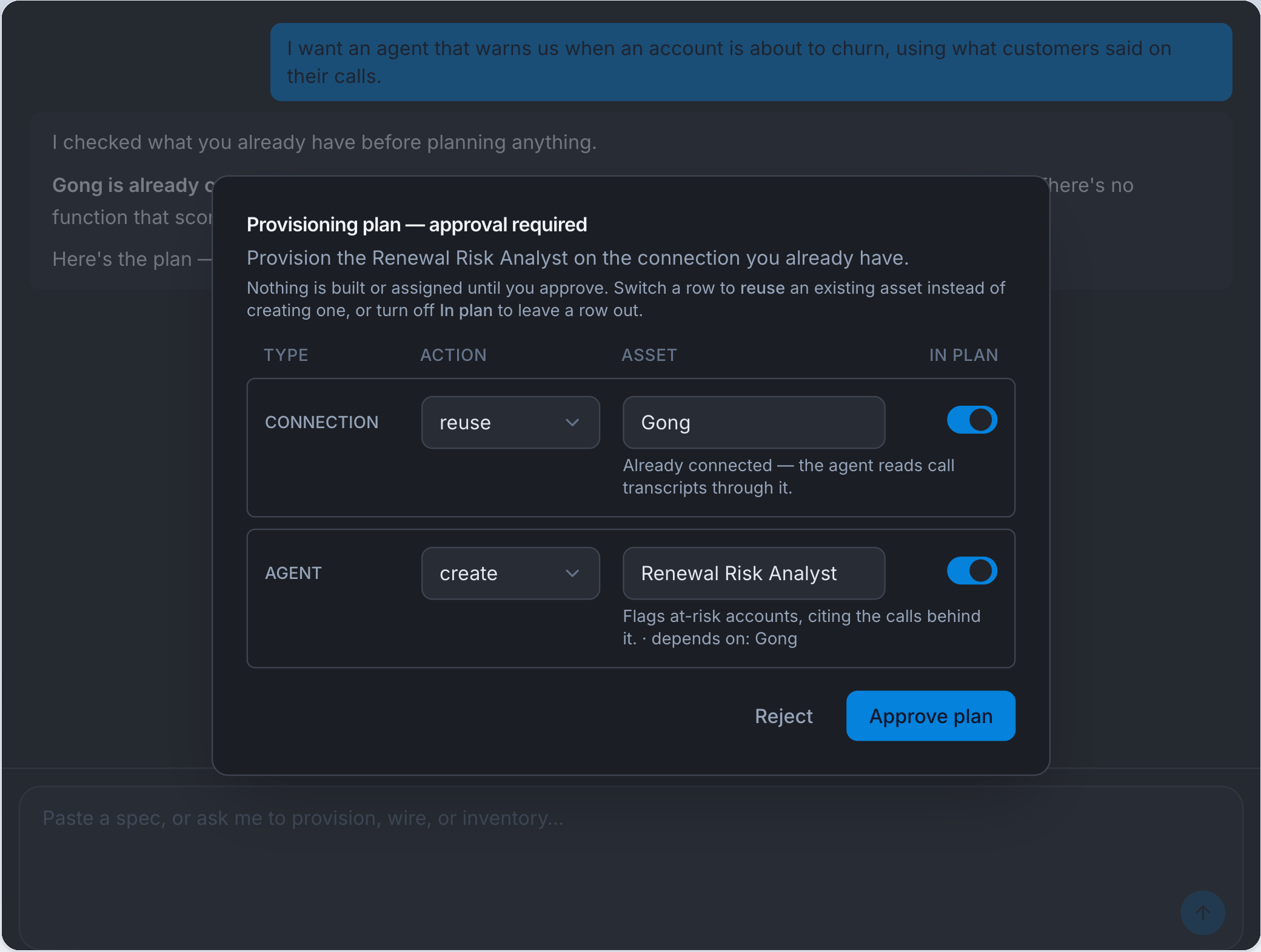 Mindset Agent Studio: a provisioning plan for a Renewal Risk Analyst, waiting for approval